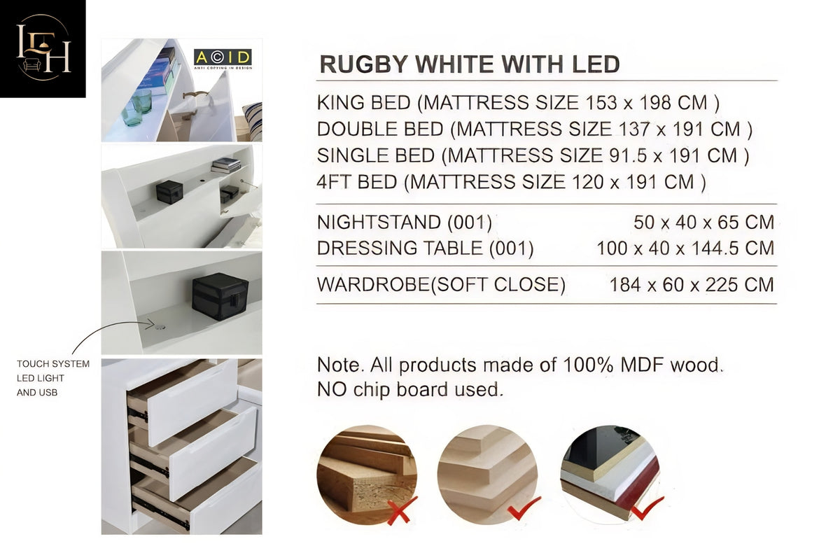 Rugby White LED King Size Bedroom Set | Hydraulic Storage Bed, Wardrobe, Dressing Table & Side Tables | Premium MDF Wood