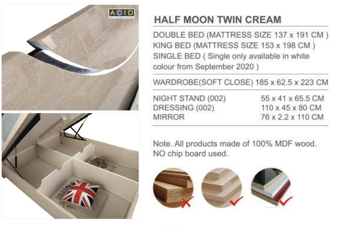 Half Moon King Size Bedroom Set | Luxury LED Storage Bed with Wardrobe & Dressing Table | Premium MDF Wood