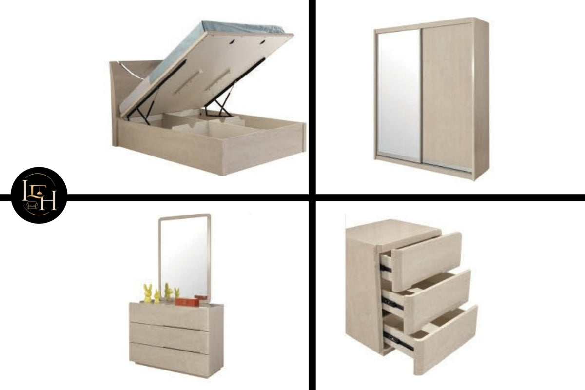 Half Moon King Size Bedroom Set | Luxury LED Storage Bed with Wardrobe & Dressing Table | Premium MDF Wood