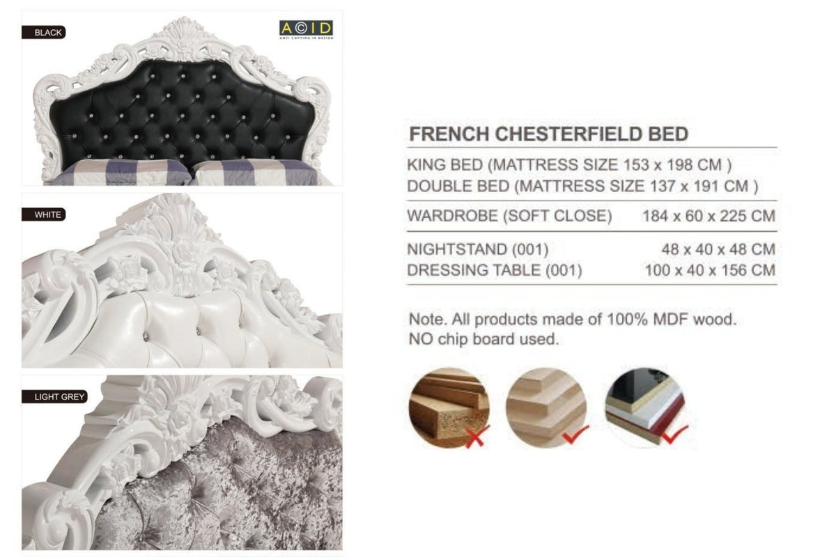 French Chesterfield King Size Bed | Luxury Upholstered Bed Frame with Premium MDF Wood Base