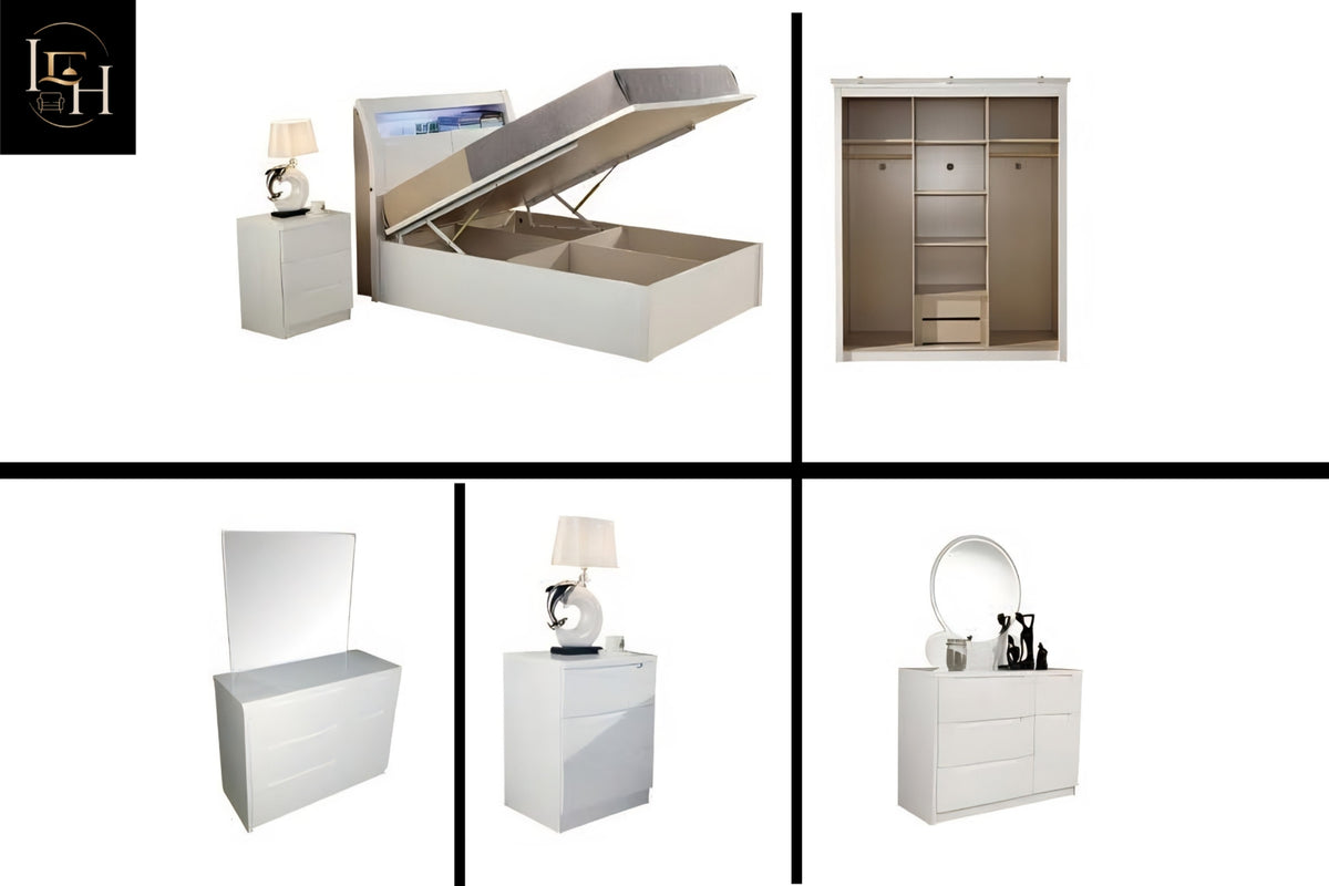 Rugby White LED King Size Bedroom Set | Hydraulic Storage Bed, Wardrobe, Dressing Table & Side Tables | Premium MDF Wood