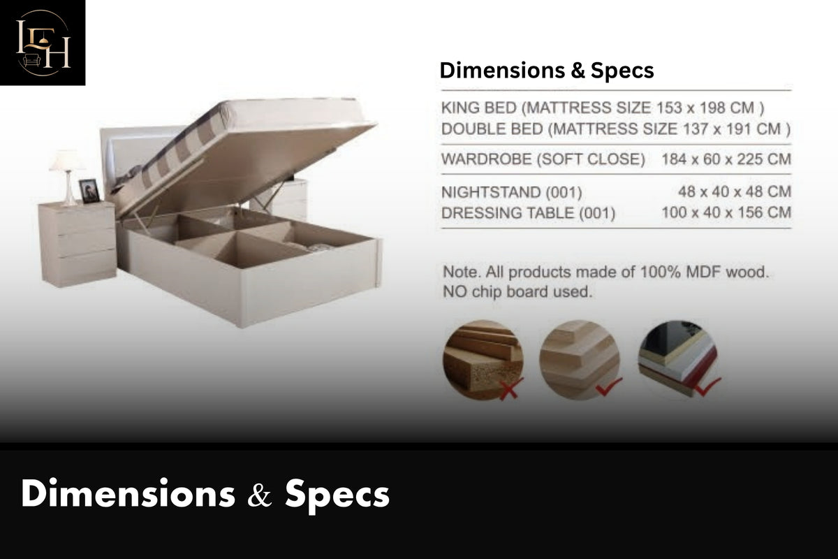 Rugby White LED King Size Bedroom Set | Hydraulic Storage Bed, Wardrobe, Dressing Table & Side Tables | Premium MDF Wood