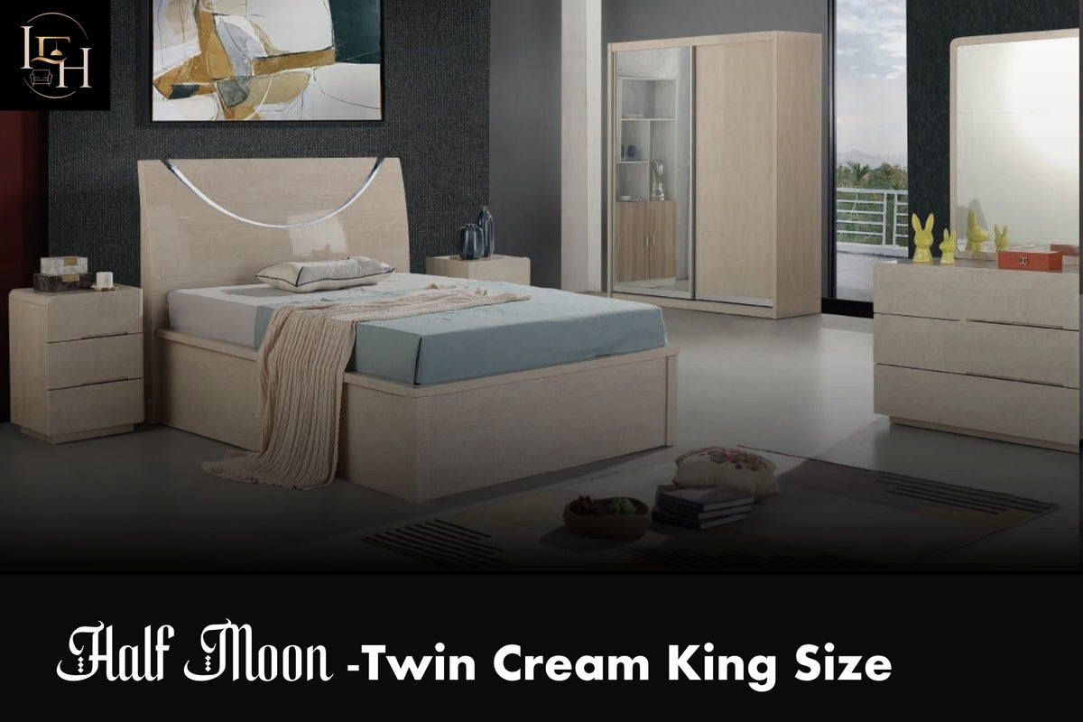 Half Moon King Size Bedroom Set | Luxury LED Storage Bed with Wardrobe & Dressing Table | Premium MDF Wood