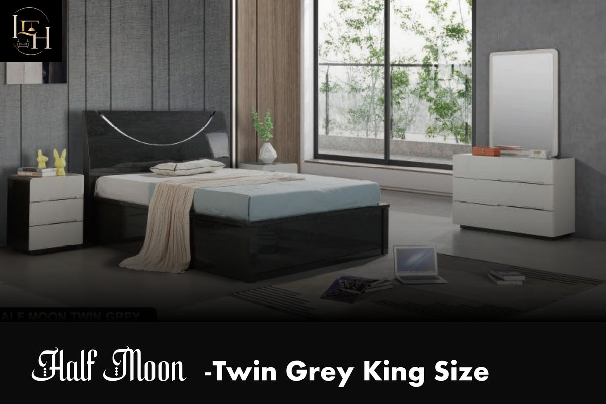 Half Moon King Size Bedroom Set | Luxury LED Storage Bed with Wardrobe & Dressing Table | Premium MDF Wood