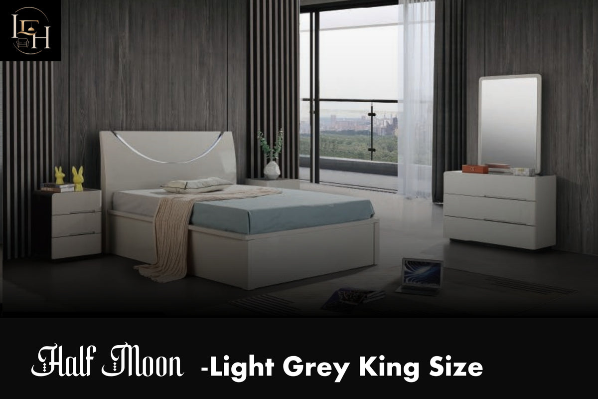 Half Moon King Size Bedroom Set | Luxury LED Storage Bed with Wardrobe & Dressing Table | Premium MDF Wood