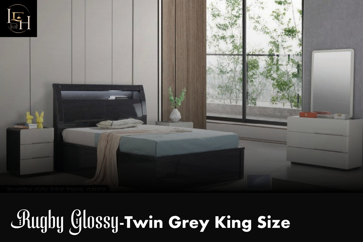 Rugby Glossy King Size Bedroom Set | Luxury Hydraulic Storage Bed with LED | Premium MDF Wood Furniture