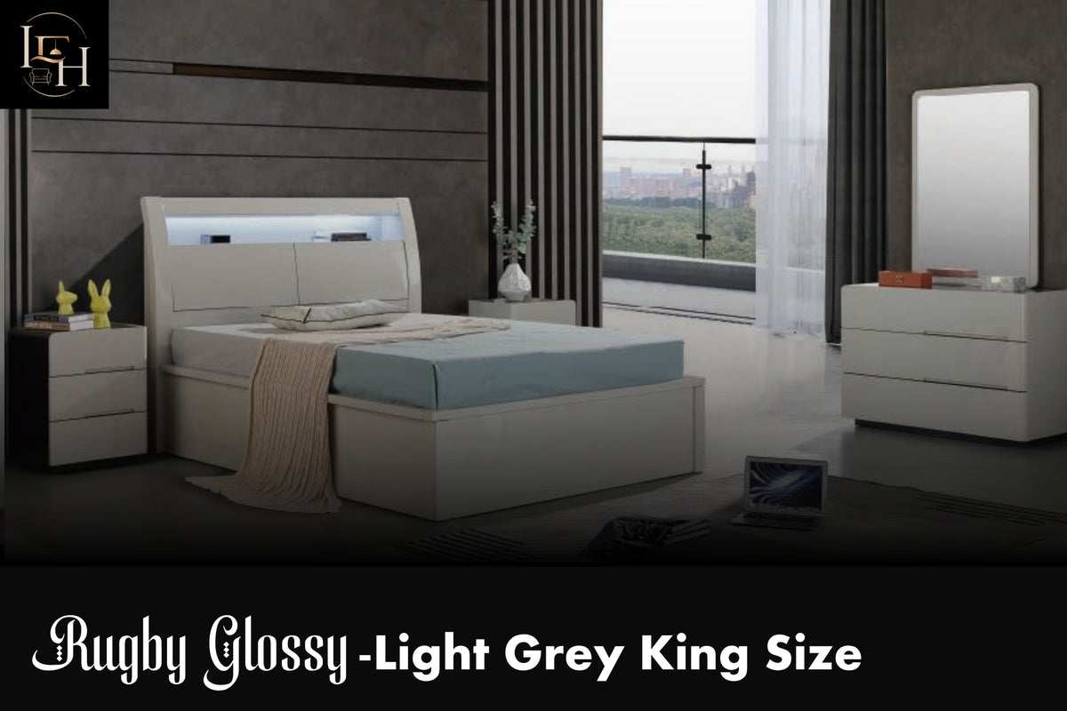 Rugby Glossy King Size Bedroom Set | Luxury Hydraulic Storage Bed with LED | Premium MDF Wood Furniture