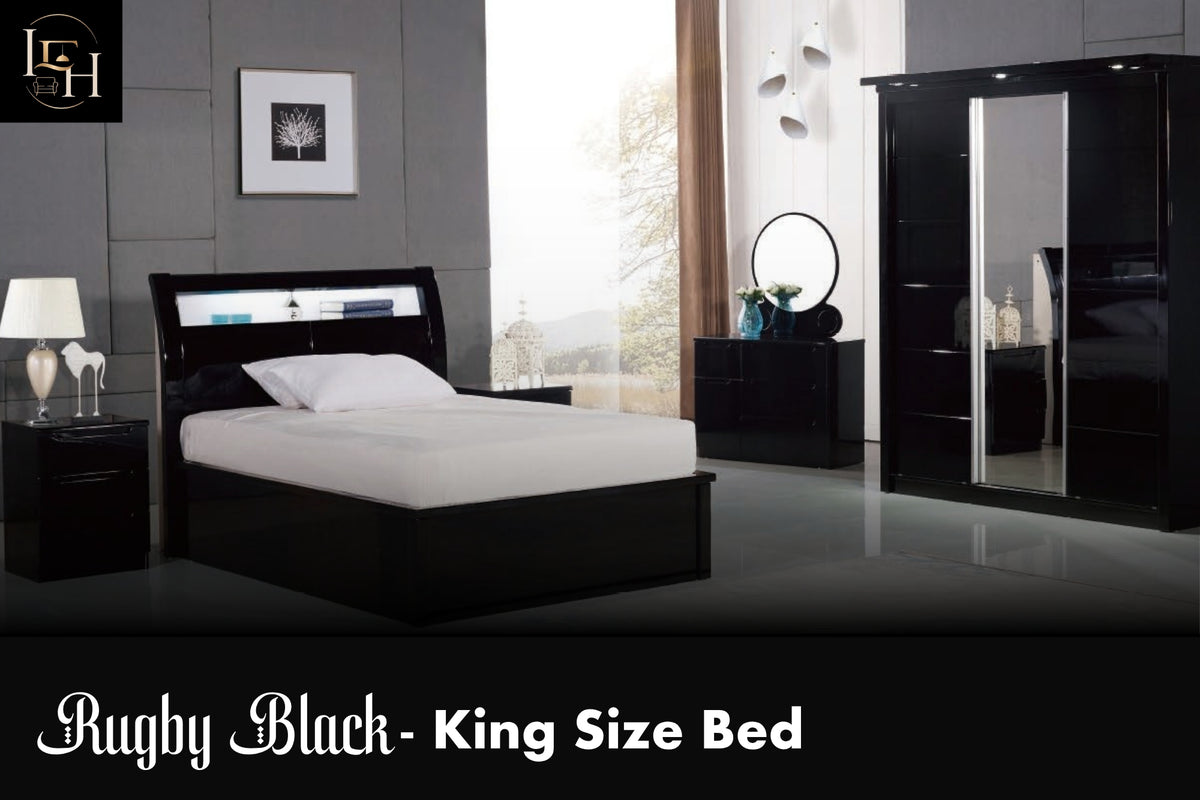Rugby Glossy King Size Bedroom Set | Luxury Hydraulic Storage Bed with LED | Premium MDF Wood Furniture