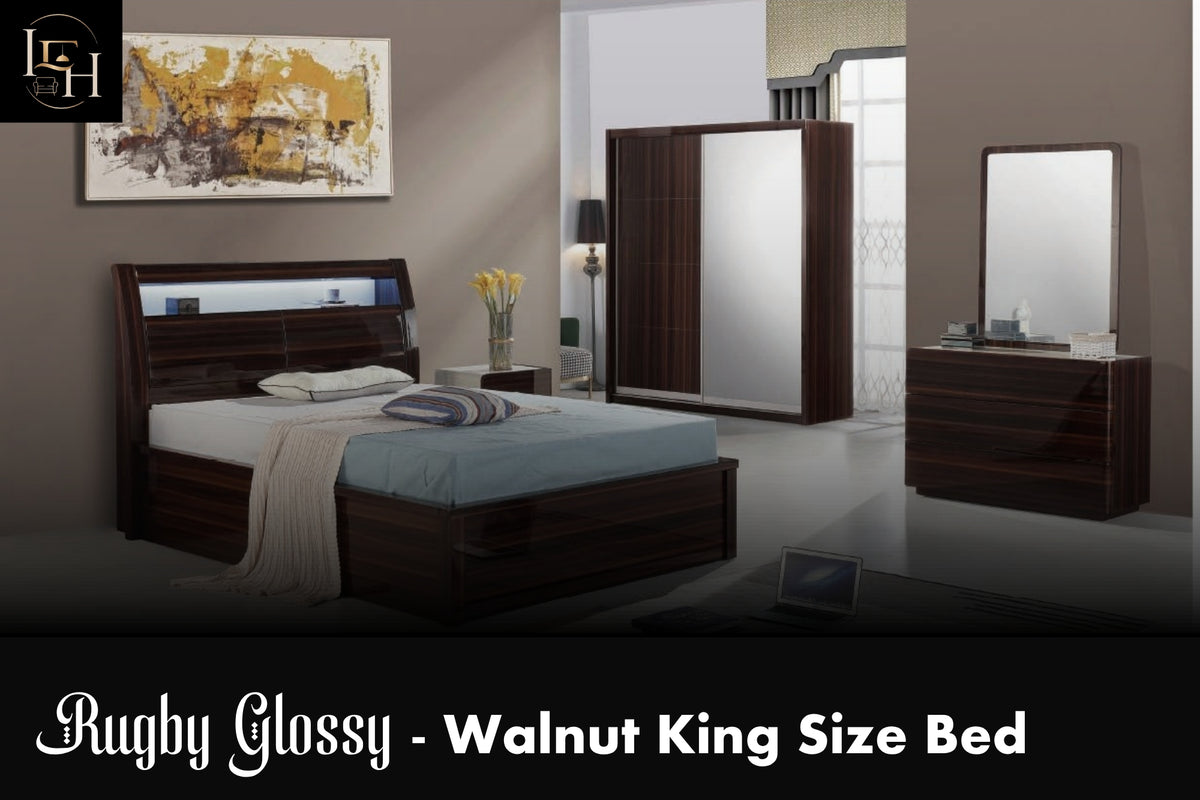 Rugby Glossy King Size Bedroom Set | Luxury Hydraulic Storage Bed with LED | Premium MDF Wood Furniture